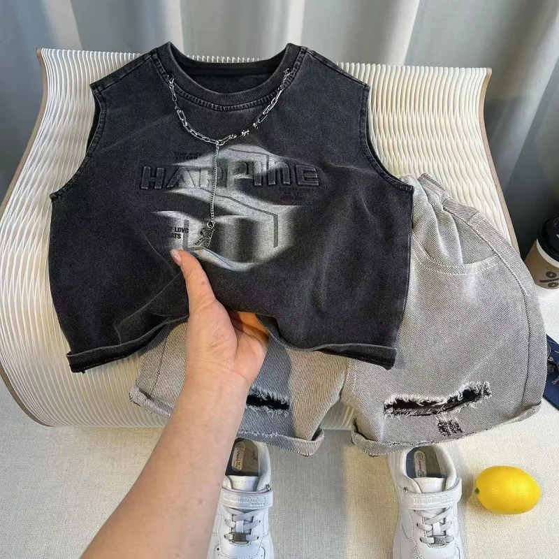 

Korean Children's Summer Clothes Kids Set Outfits Boys 2026 Handsome Sleeveless+Short Sleeved T-shirt Denim Shorts 2-piece Set