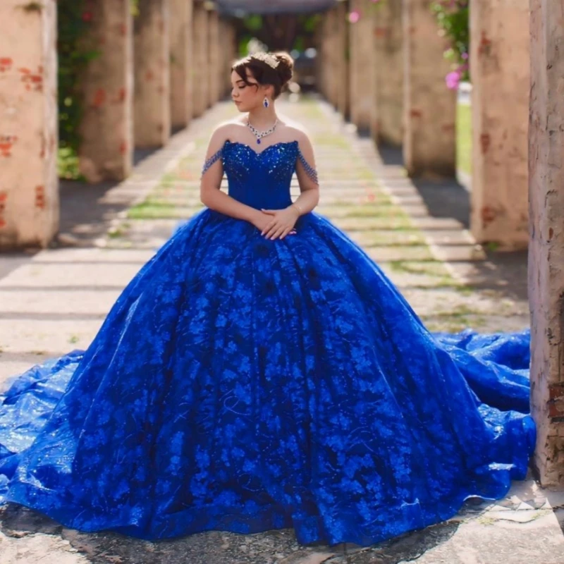 

Royal Blue Shiny Quinceanera Dresses Off Shoulder Ball Gown Sweet 16 Dress Sequin Applique Lace Beading Crystal Tull Birthday