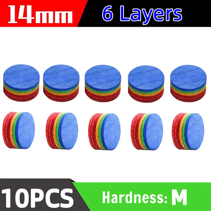 10PCS 14mm Rainbow Billiards Tips Pool Cue Tips 6 Layers M Hardness Snooker Tips Head Accessories
