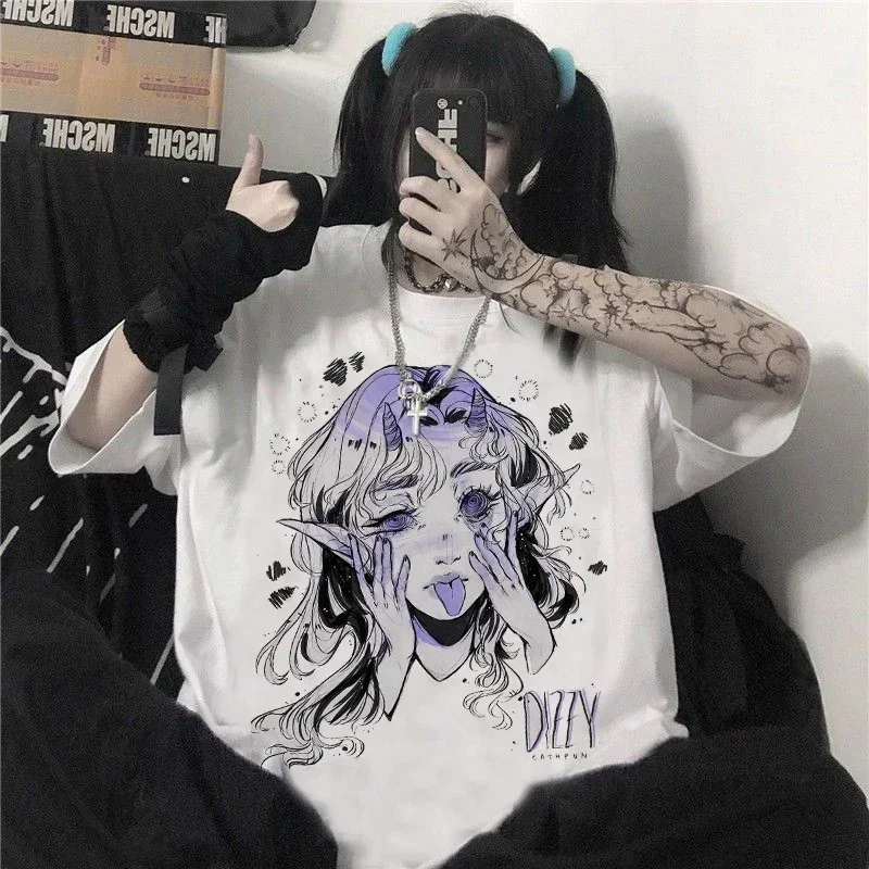 Women Oversized T-shirts Harajuku Music Girl Print Crop T-shirt Goth Short Sleeve Top Female TShirt Black Ladies Clothing