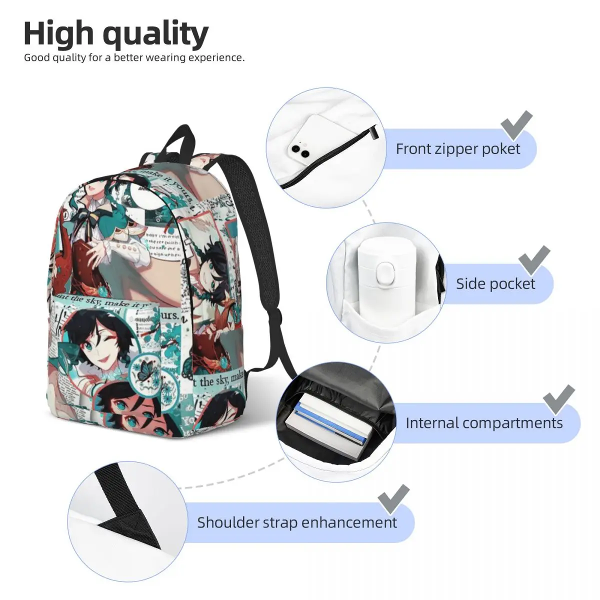 Mochila Genshin Impact Venti para Homens e Mulheres, Bolsa de Ombro para Computador, Laptop Cartoon, Video Game, Estudante, Mochila Empresarial, Moda