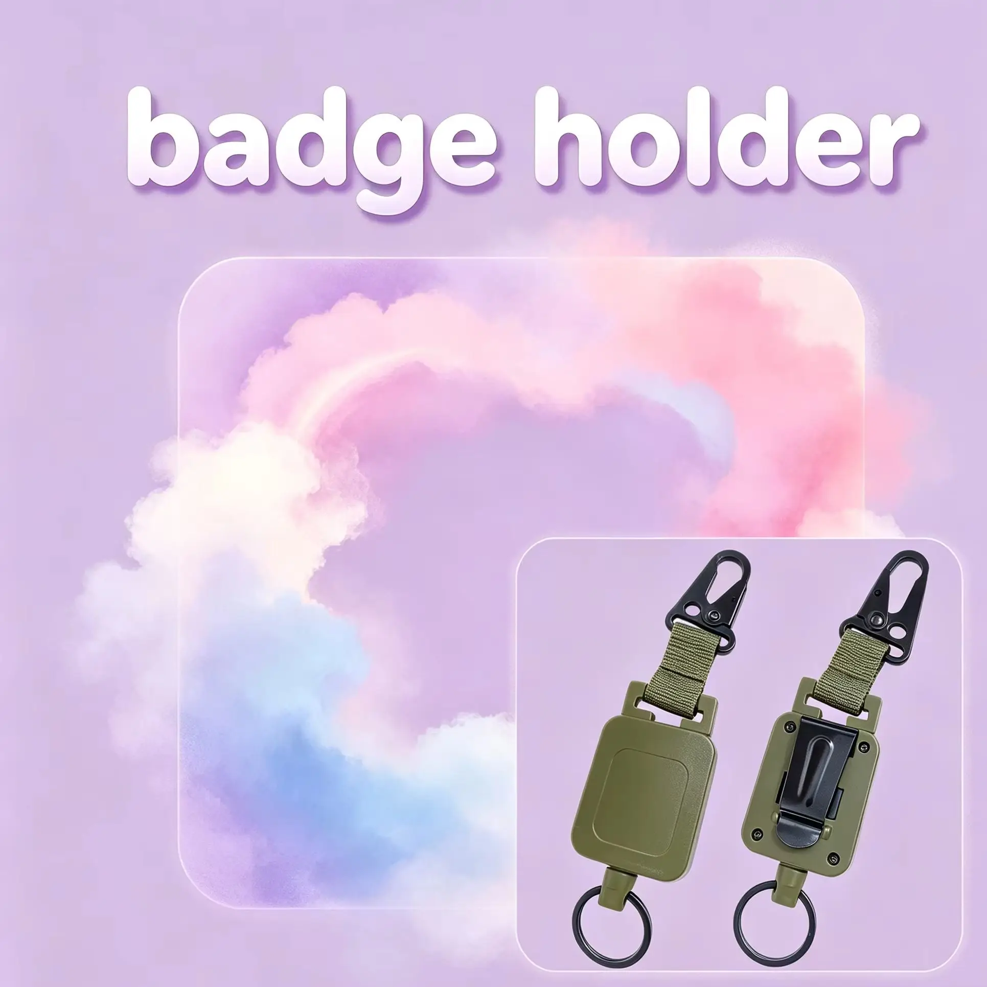 Army Green Square Retractable Key Reel With Eagle Beak Buckle & Back Clip, Steel Wire Webbing Holder for Fishing Outdoor