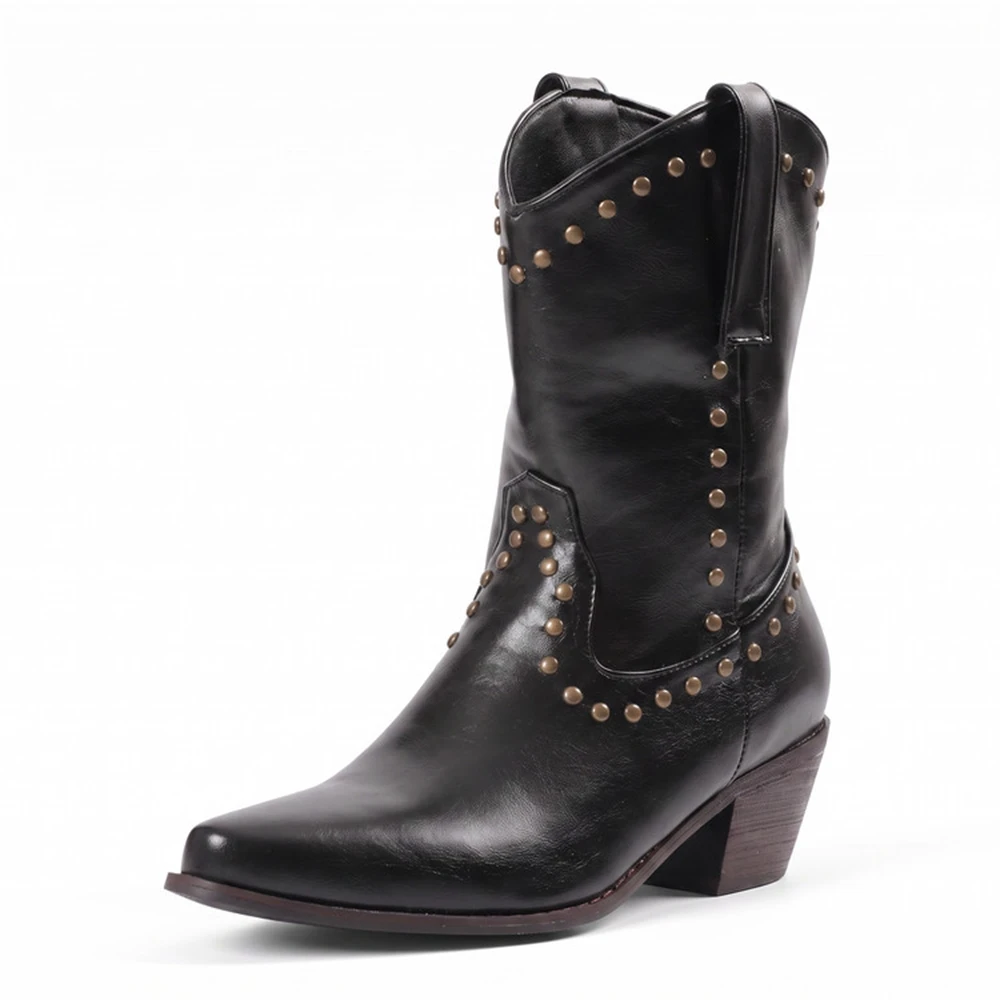 Women Western Cowboy Boots 32‑50 Large Size Rivet Decor Mid‑Calf Boots PU Leather Chunky Heel Retro Ladies Boots 7748