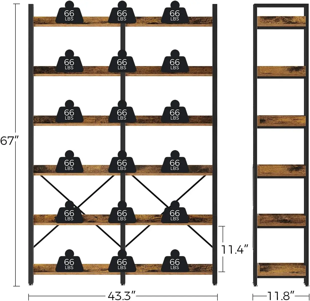 Bookshelf 6 Tier with 4 Hooks, 67” Industrial Wooden Bookcase, Vintage Storage Rack with Open Shelves, Rustic Standing Bookshelv