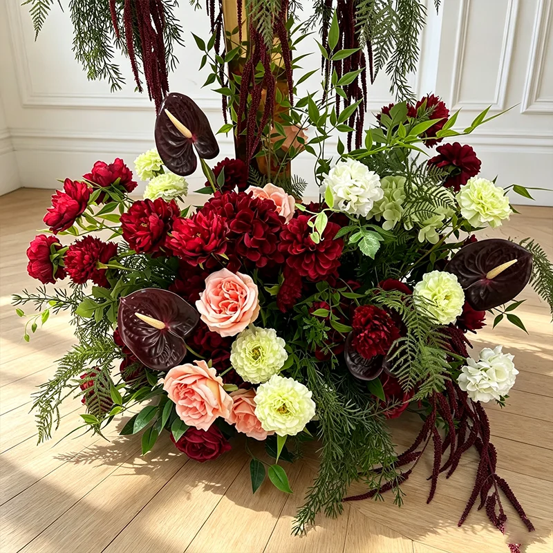 Burgunderrotes Anthurium Künstliche Blume Dunkelrote Rose Blumenarrangement Hochzeitstisch Bodenblume Party-Hintergrund Gang Bühnendekoration – Detail 1