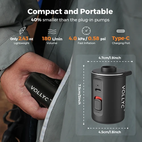 Imagen 2 del producto VOLLYC Bomba de aire portátil, bomba de bolsa de vacío, carga USB-C, inflado y desinflado, ideal para colchonetas, camas de aire, juguetes de piscina