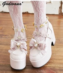 Japanese Sweet Love Heart Bowknot High Heel Pumps Mine Mass-Produced Lolita Thick Bottom Mary Jane Shoes Female Liz Paltform