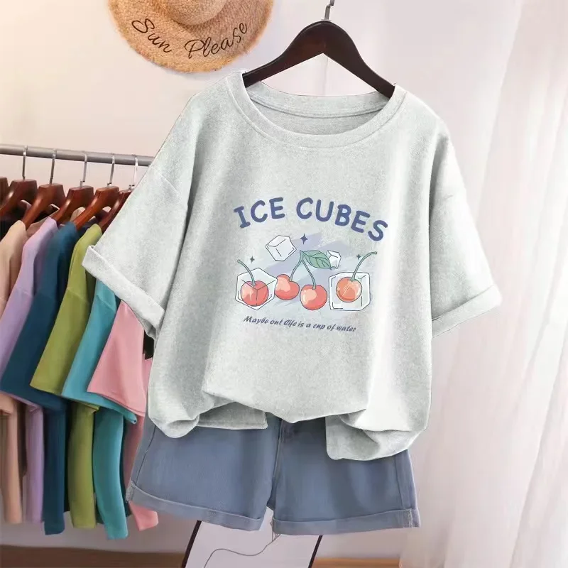 Women'T-shirt Summer Plus Size Premium Cotton Y2K Women's Cartoon Cherry Print Oversized Jogging Sports  Free Shipping