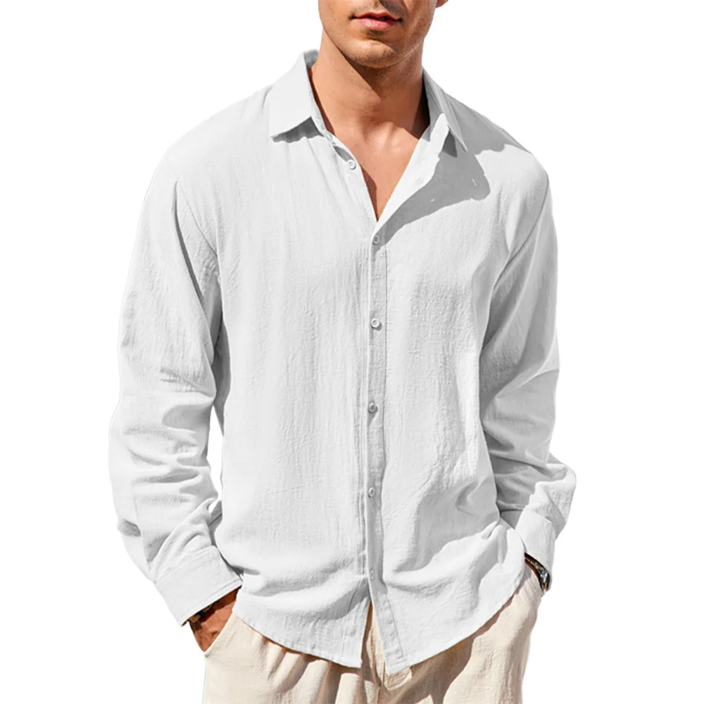 قميص رجالي من القطن والكتان بأكمام طويلة وياقة على شكل طية صدر السترة بلون سادة كاجوال وبسيط يسمح بمرور الهواء وخفيف الوزن للرجال لقضاء العطلات #2