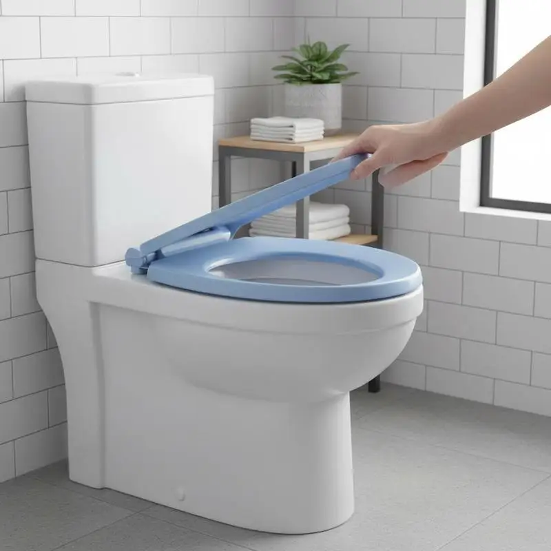 Siège de toilette ovale bleu en polypropylène, fermeture douce, charnières réglables, dégagement rapide, pour salle de bain, maison, hôtel, commerce, résistant aux rayures, compatible cuvette standard, salle d'eau minimaliste