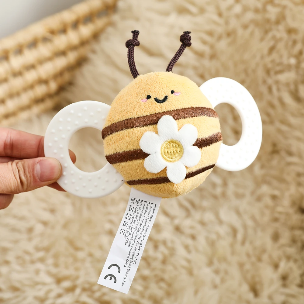 Plush Bee Rattle Toy,Built-in Bell & Mirror,Easy Grasp Baby Toys,Portable Infant Soft Rattle, Develops Motor Skills Coordination