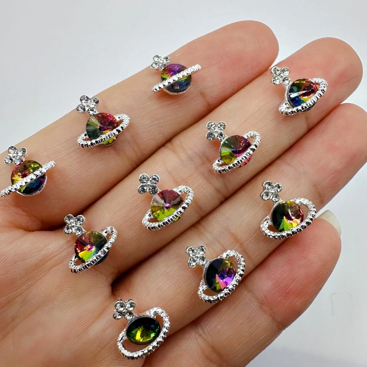 10pcs Silver Alloy Planet Nail Charms Jewelry Colorful Luxury Nail Rhinestones DIY Nail Art Decorations Accessories Planet Gems