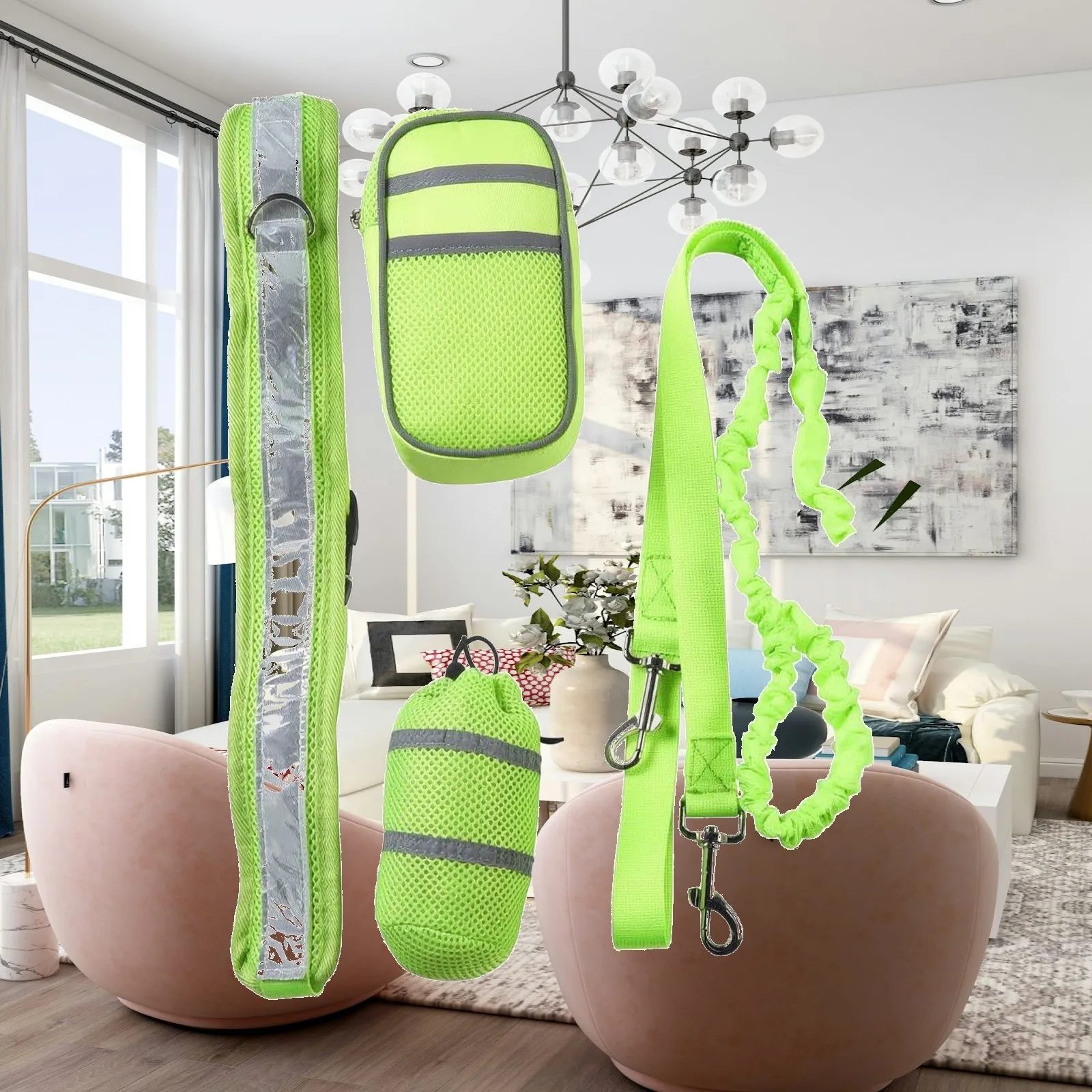 Reflective Dog Leash Kit with Storage Pouches Wear-Resistant Pet Gear for Low-Light Outings