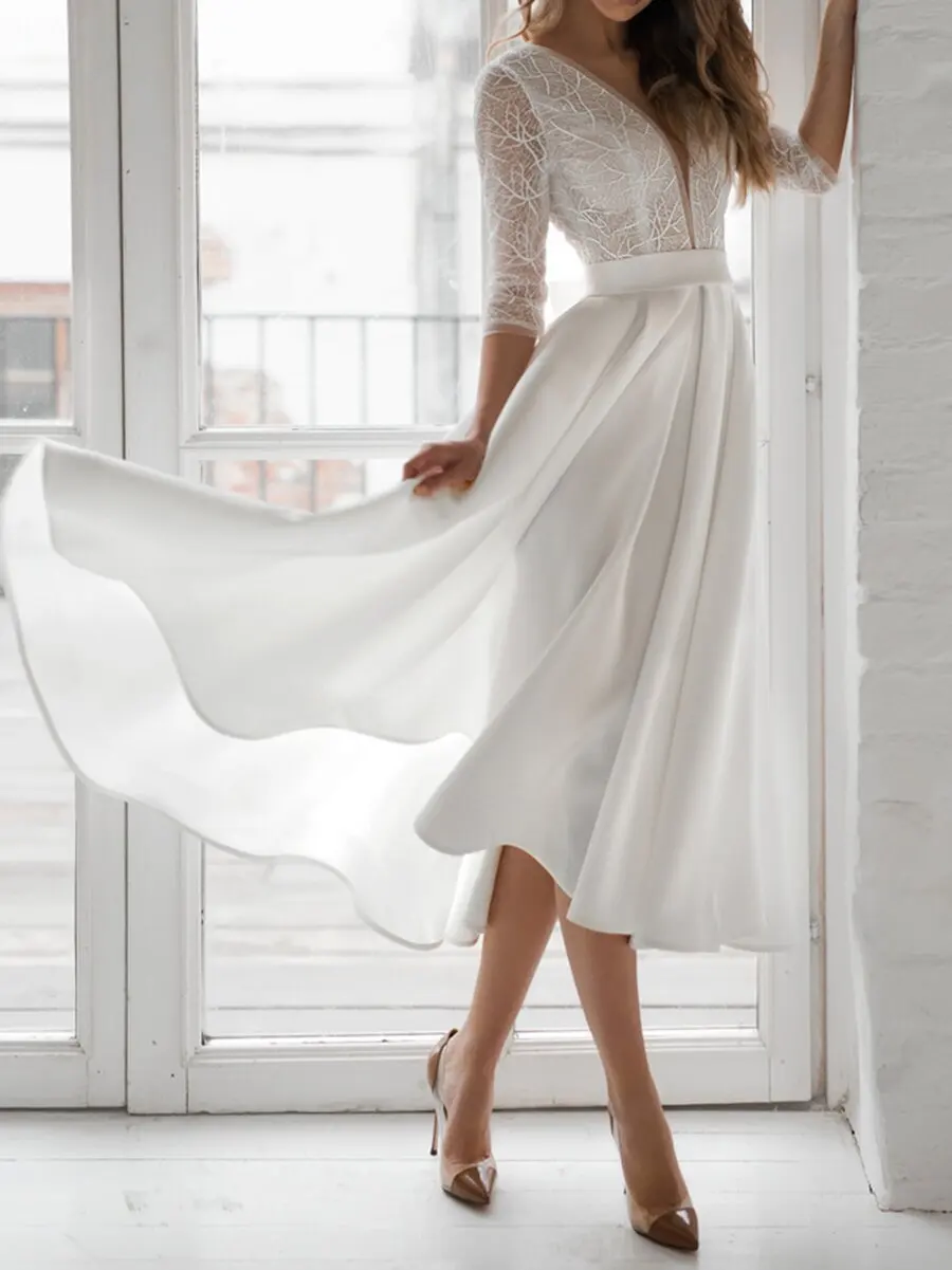 

Spring and summer beauty clothing pure white long-sleeved V-neck backless pendulum dress sexy temperament elegant high-end cloth