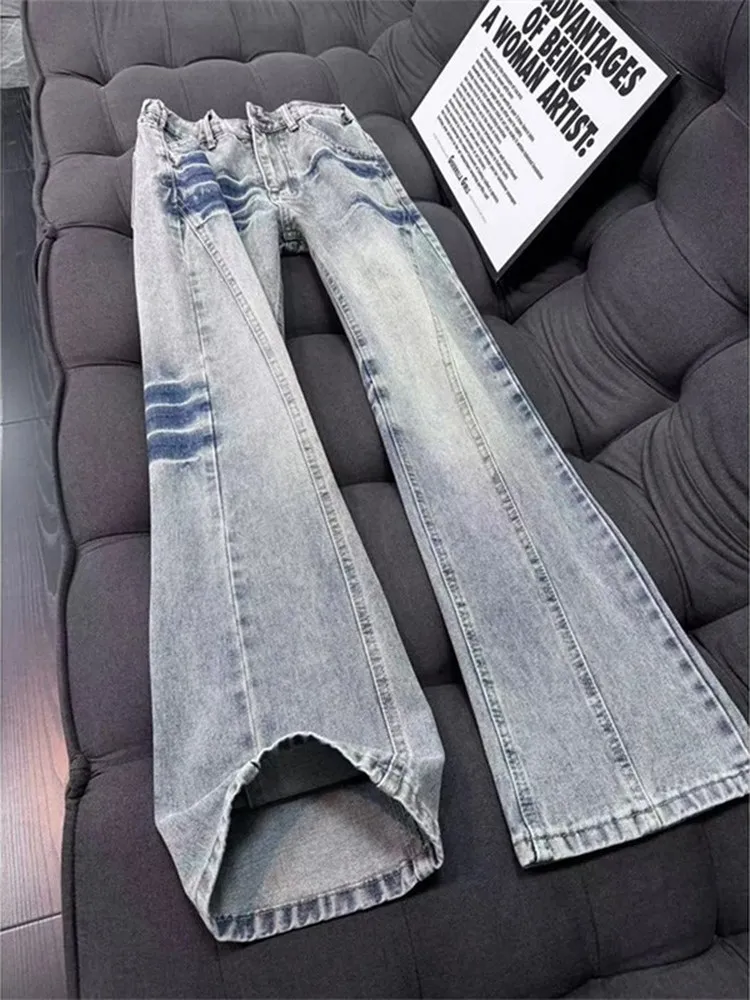 

Мужские джинсы American High Street Vibe Slim Fit синего цвета с боковыми разрезами и узором в виде молнии, весенне-осенние, удлиняющие ноги, микро-клеш