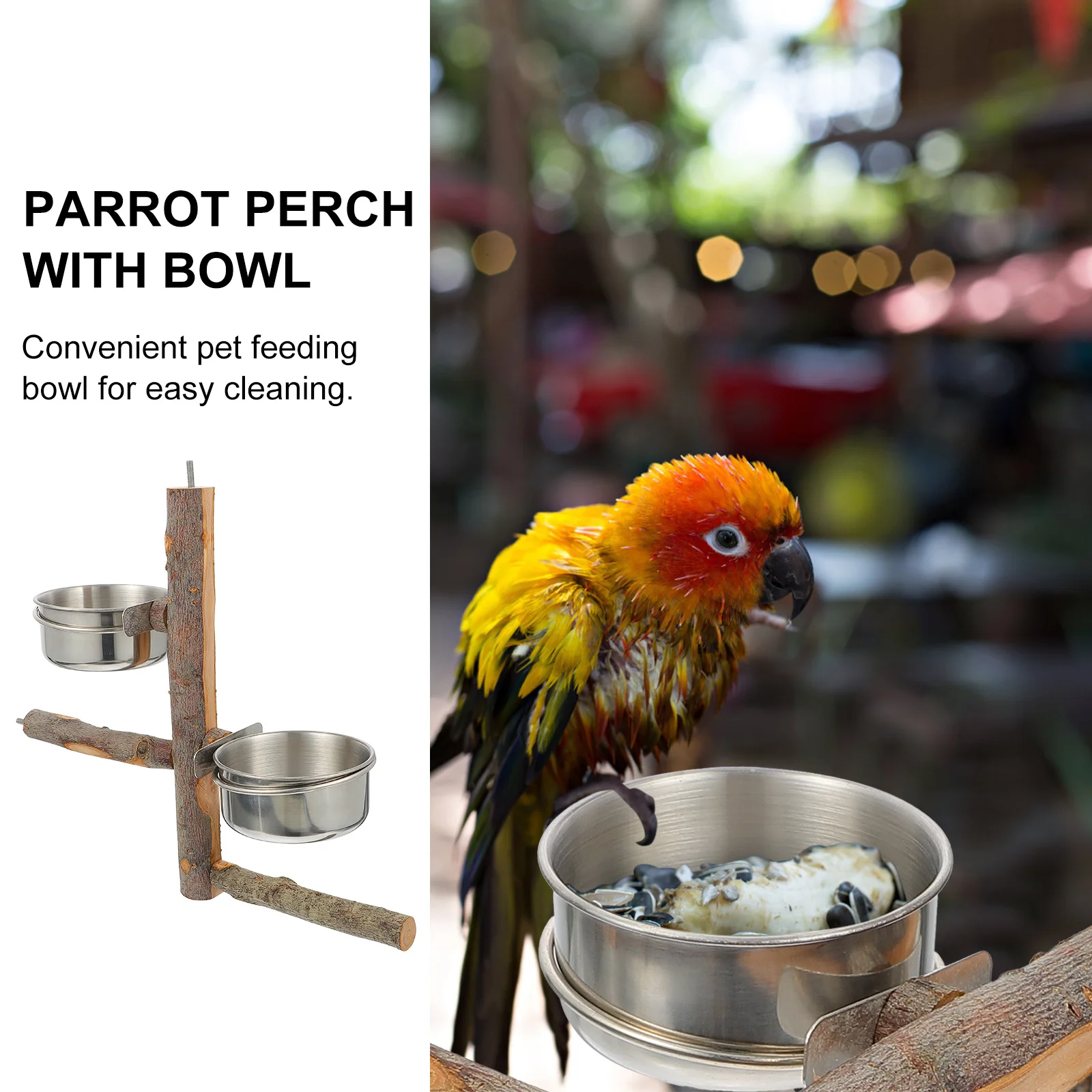 

Parrot Food Bowl Stand Combination Birds Perch Striped Bass Accessories Wooden Plaything Rack Standing