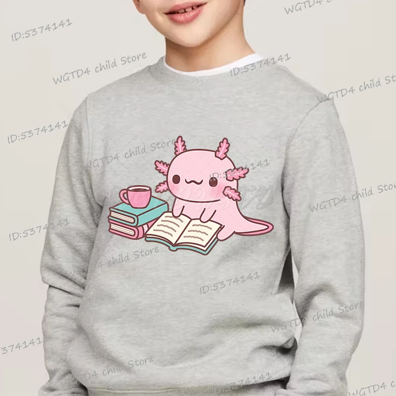 Cartoon Axolotl Read Book Sweatshirts Funny Axolotl Coffee Pullover Long Sleeve Axolotl Trend Bookishness Boys Girls Sportswear