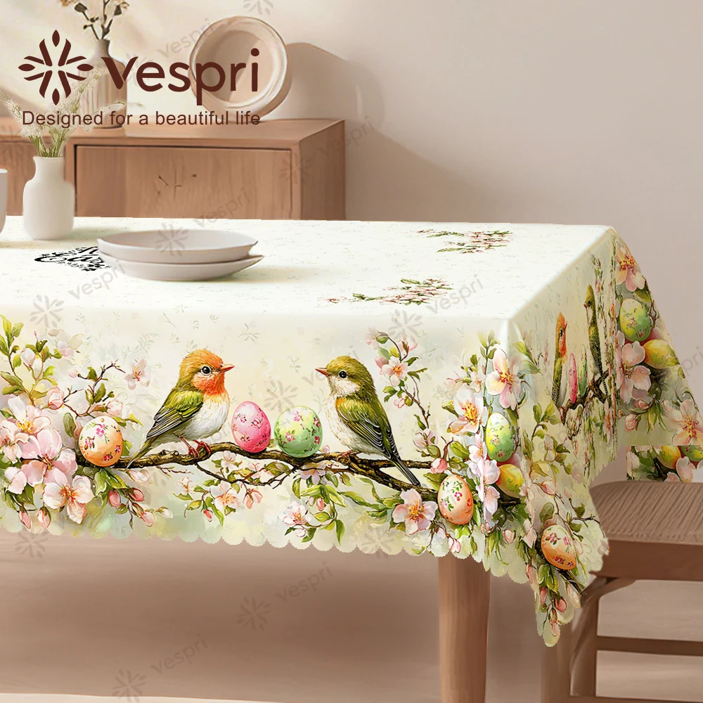Vespri Oster-Tischdecke mit Weiß-Grünem Vogel-Ei-Blumen-Druck, Runde Rechteckige Ovale Form für Partys, Polyester-Leinen