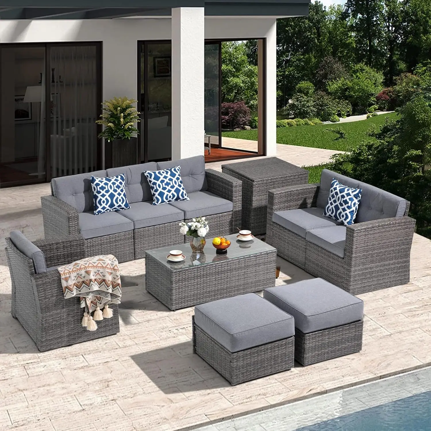 Super Patio Furniture Set, PE Wicker Outdoor Conversation Furniture Set with Ottomans, Storage Box, Coffee Table, Cushions, Clip