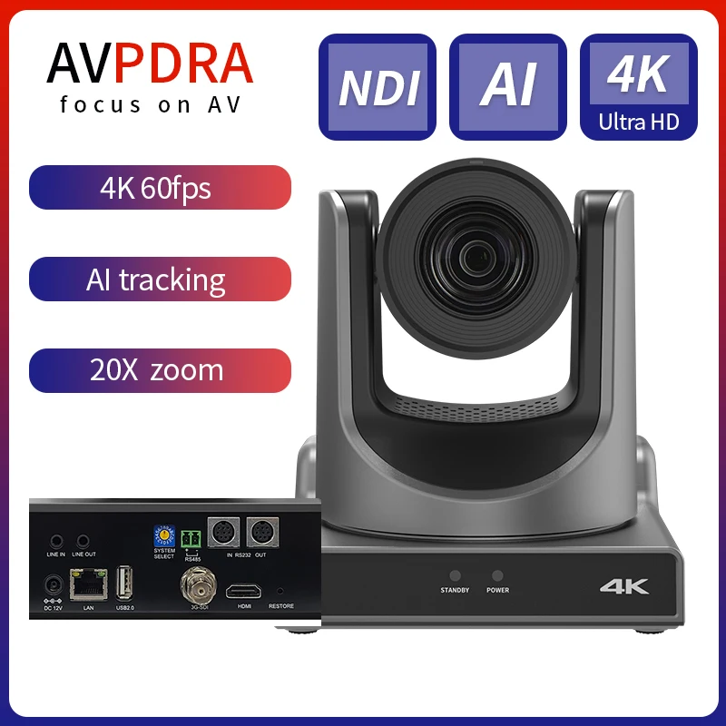 

AVPDRA AI Tracking NDI SDI 4K PTZ Camera 20X Optical Zoom 4K P60 UHD Video Conference Camera HDMI 3g-sdi USB LAN Support POE