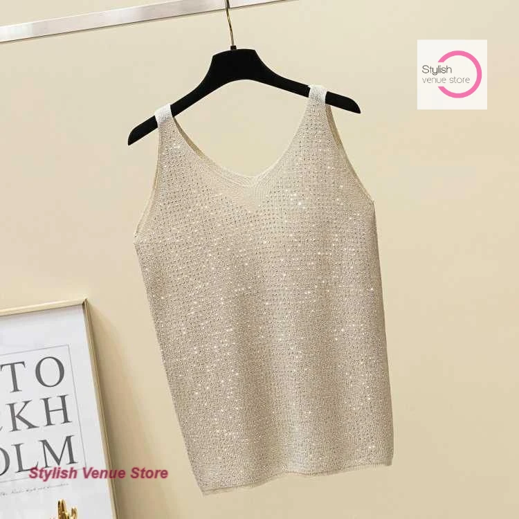 

French fashion loose bright silk hot drilling summer new ice silk heavy knitting sequined vest new bottoming sleeveless top.