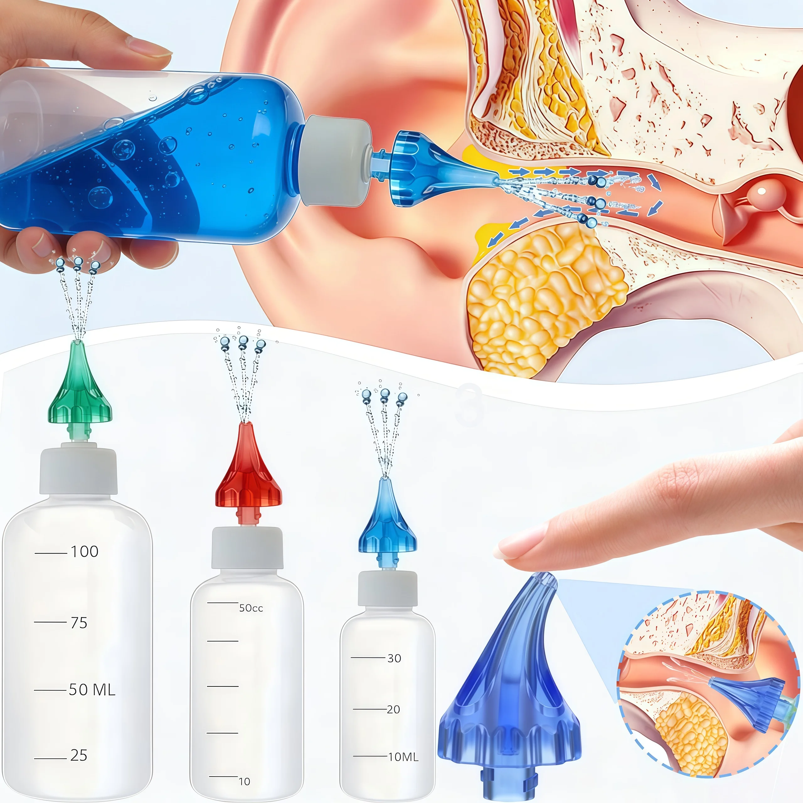 Nettoyeur d'oreilles domestique, irrigateur pour le nettoyage du conduit auditif, flacon de nettoyage des oreilles avec échelle graduée, ensemble de buses multicolores, outil sûr et pratique pour l'élimination du cérumen, facile à utiliser, adapté au nettoyage quotidien du conduit auditif et à la préparation du cérumen à domicile.
