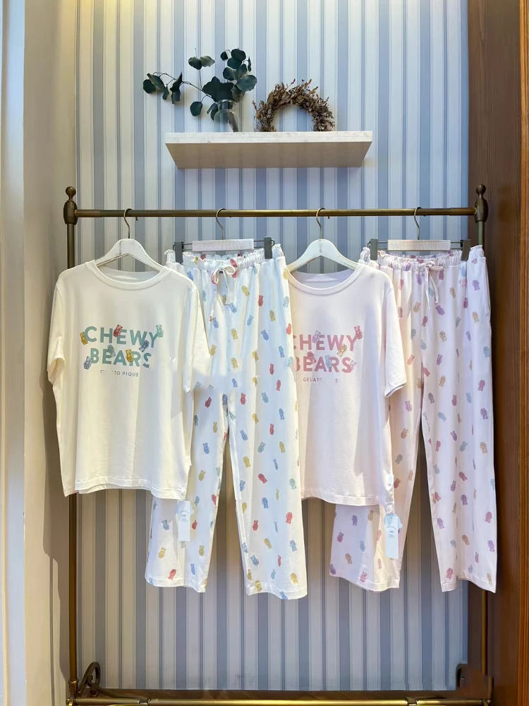 

Summer Lightweight Breathable Pure Cotton Modal Women's Spwear Bear Cartoon Print Home Clothes Loose Two-Piece Set
