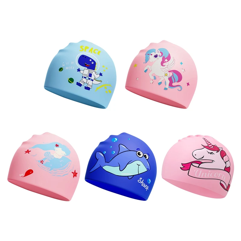 Cartoon Pattern Swimming Cap Unicorn Shark Printing Hair Cover Boys Girls Professional Beach Diving Surfing Caps Silicone Hat