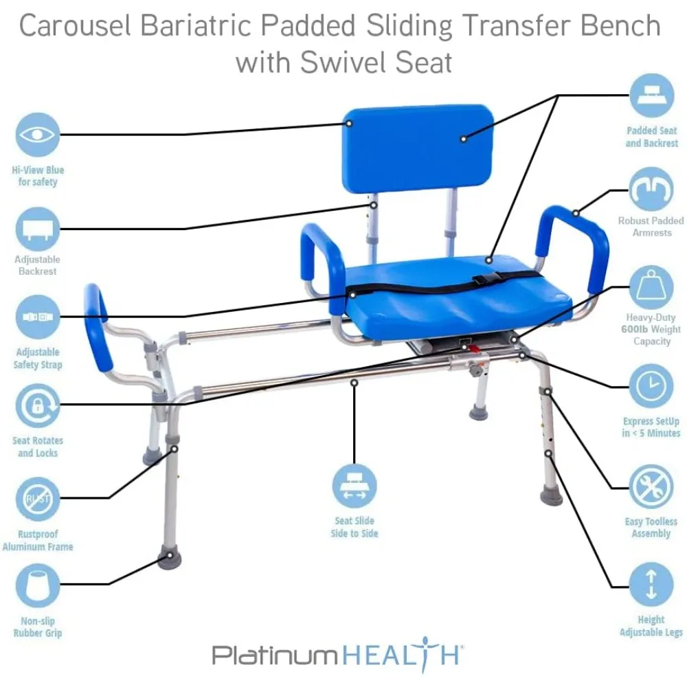 Carousel Sliding Shower Chair Tub Transfer Bench with Swivel Seat, Premium Padded Bath, with Pivoting Arms