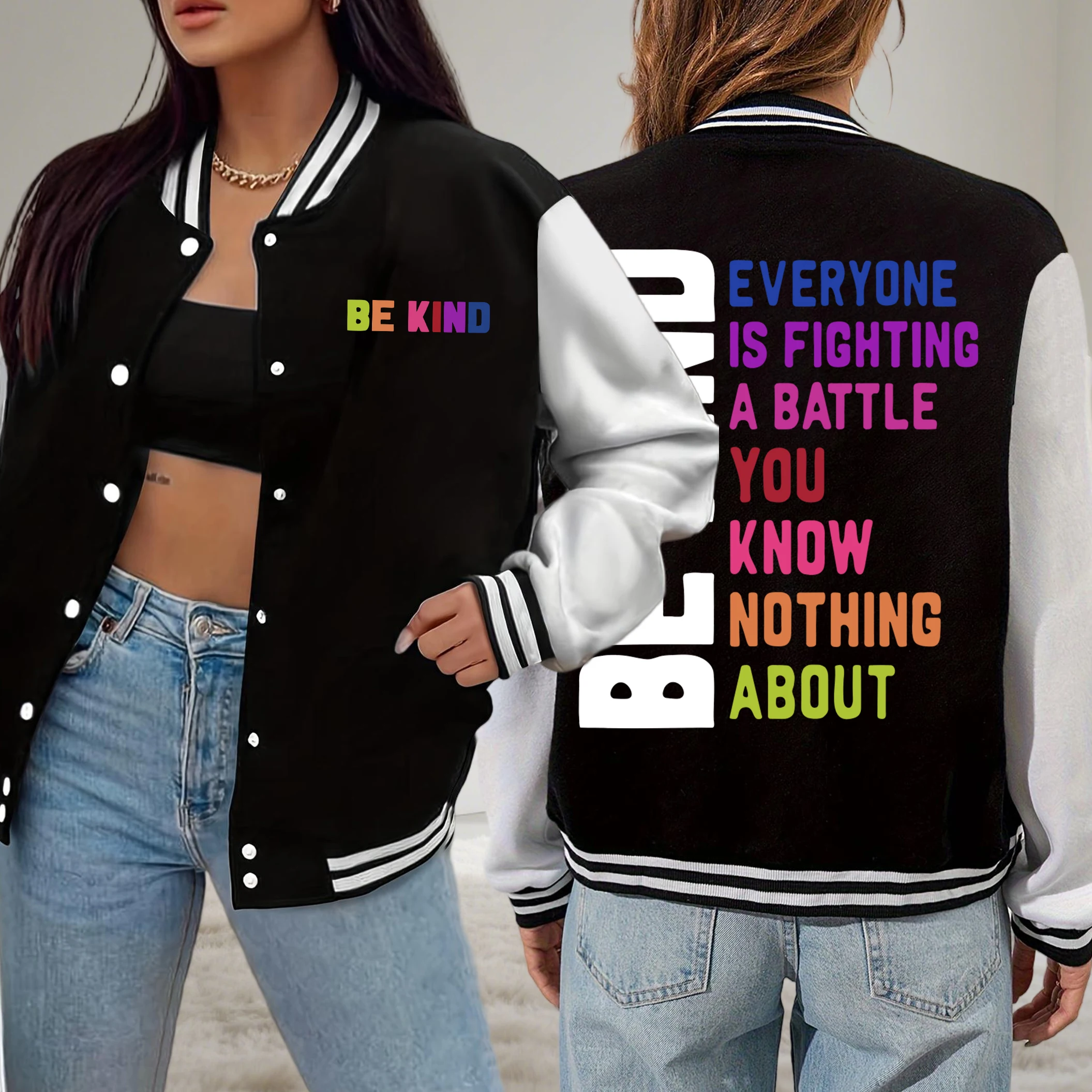 

Be Kind красочный художественный дизайн с буквами, женская бейсбольная форма, осенняя спортивная одежда, флисовая американская уличная одежда, свободная куртка на пуговицах