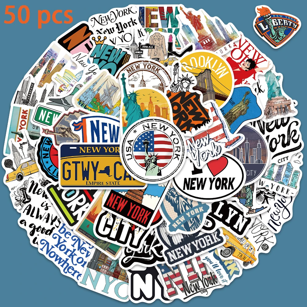 

50pcs New York Statue of Liberty Stickers Vinyl Waterproof Decals For Laptop Luggage Skateboard Bicycle Guitar Diary Stickers