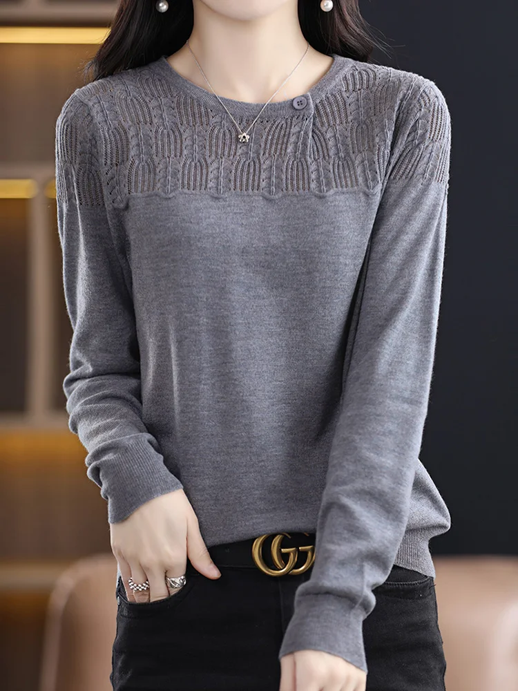 Trendy Style Pure Worsted Wool Sweater Women\'s Hollow Out O-Neck Knitted Pullover Spring Autumn Female Solid Full Sleeve Jumpers