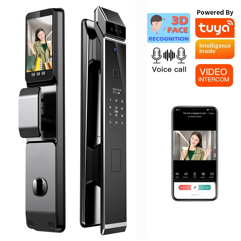 Smart Keyless Digital Door Lock, Tuya App, Função de Video Call, Reconhecimento Facial, Wi-Fi, 3D