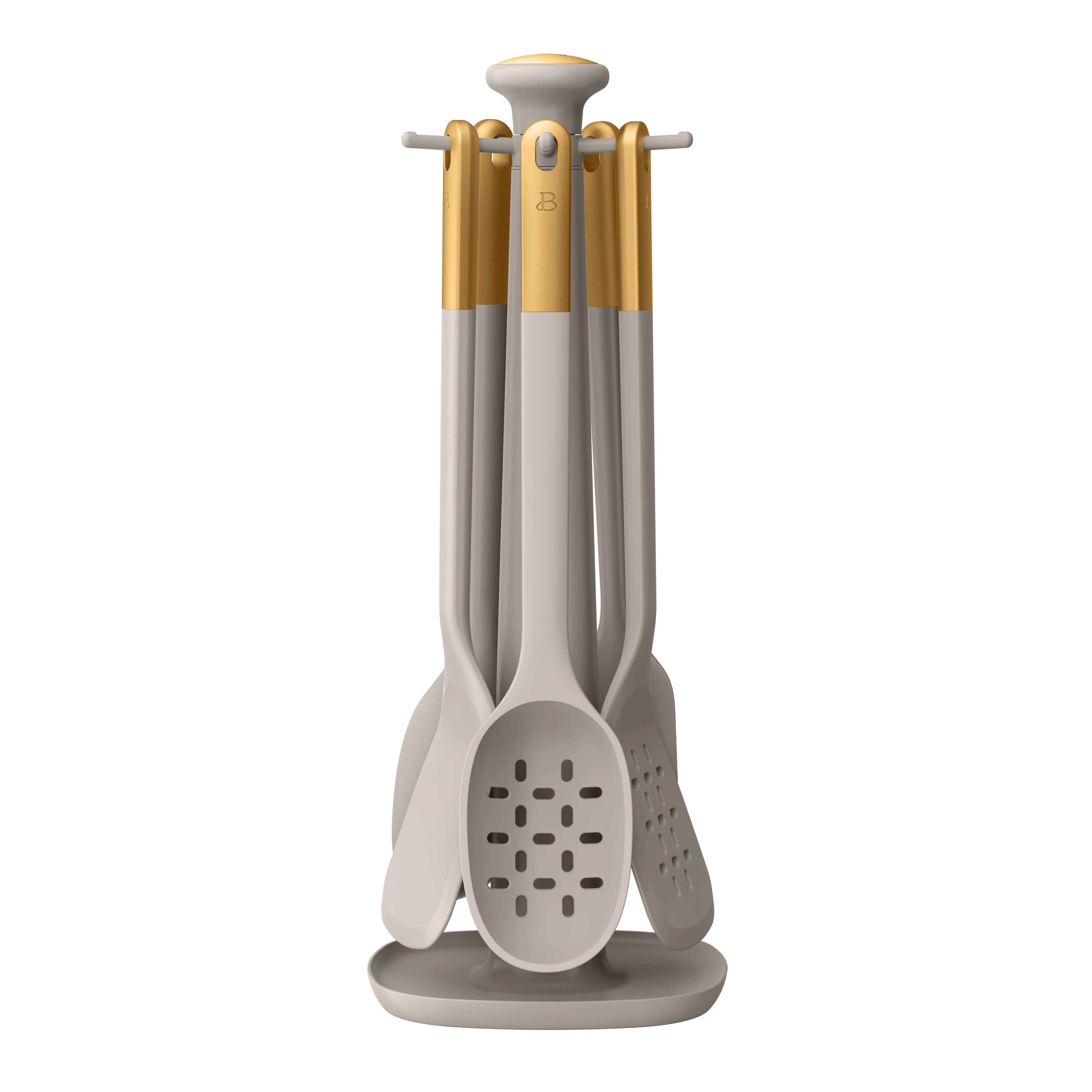 6-piece silicone kitchen utensil set with rotating rack in taupe color