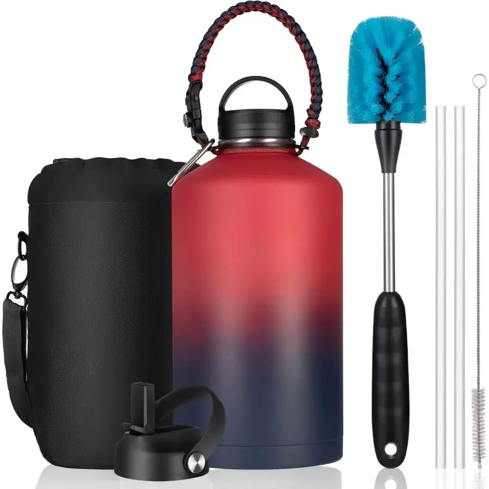 

Insulated water bottle 64oz with paracord handle and bottle brush, 64oz double wall vacuum stainless steel kettle metal kettle