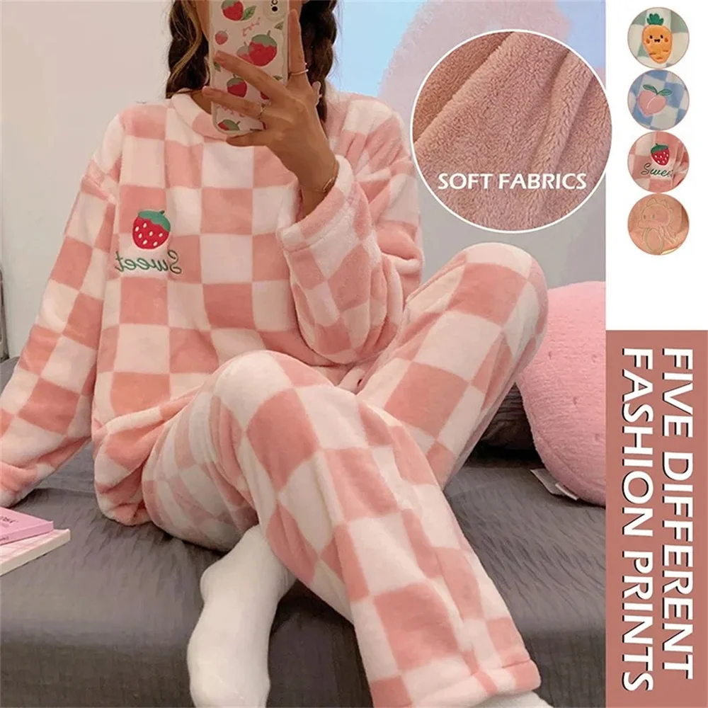 Autumn Winter Women Warm Flannel Fleecing Pyjamas Set Kawaii Cartoon Plaid Girls Homewear Long Sleeve Cute Sleepwear Night Suit