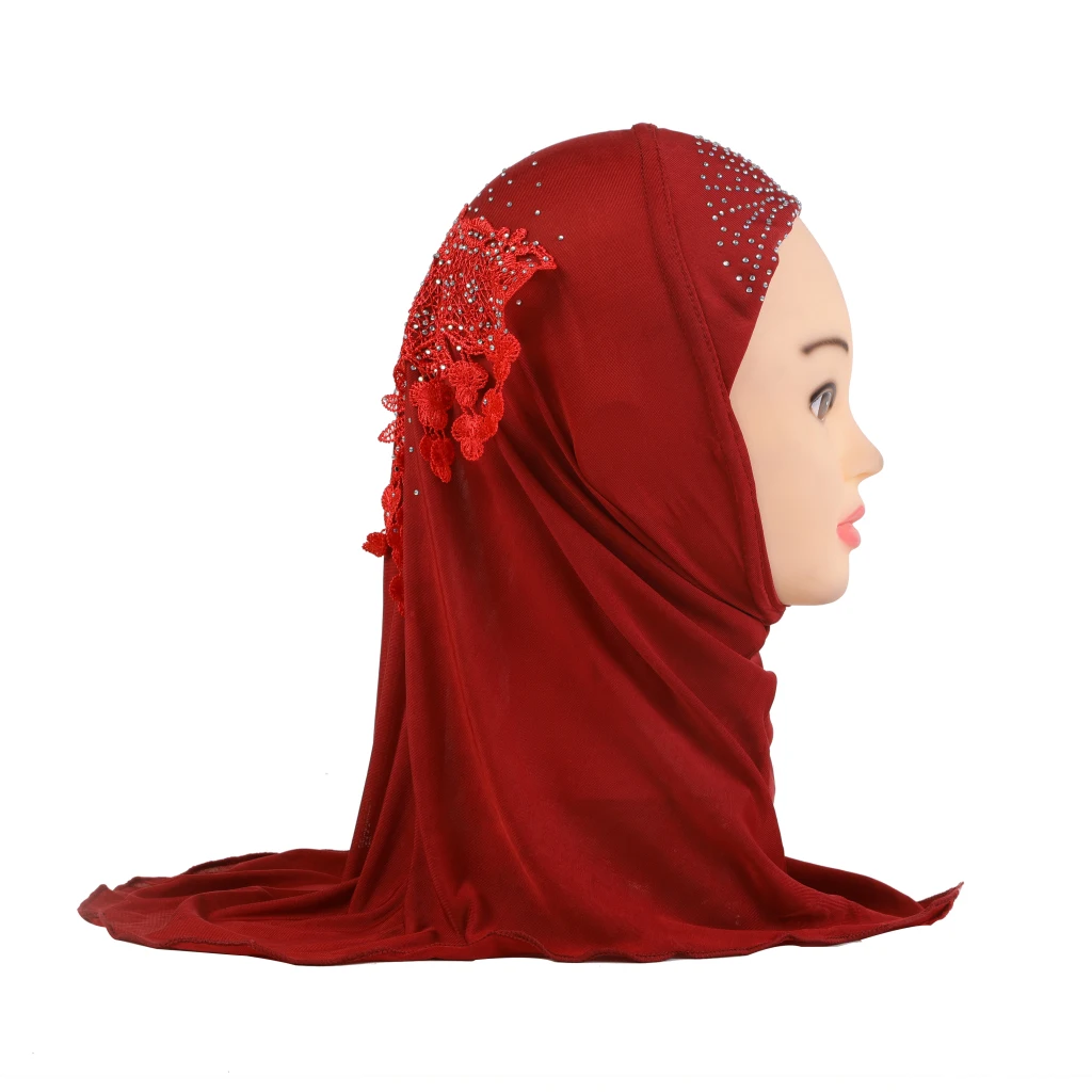 H045 beautiful small girl amira hijab with lace on back fit 2-5 years old kids pull on islamic scarf head wrap