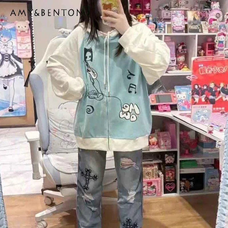 2024 Japanese Thin Velvet Cute Y2k Splicing Hooded Lazy Style Subculture Sweater For Women