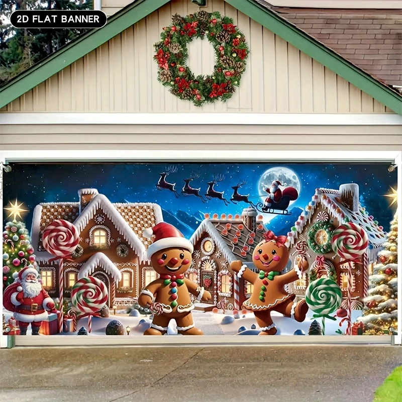 

1pc 2D FLAT Large Gingerbread House Garage Door Decoration With Gingerbread For Man & Peppermint Candy Cane Printing