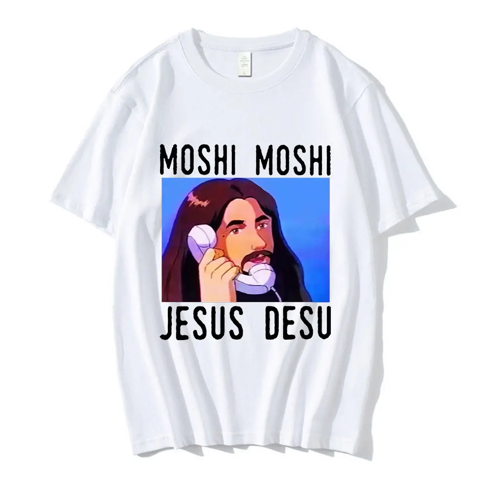 Nicolas Cage Moshi Moshi Jesus Desu T-Shirt Men Funny Meme Picolas Cage Awesome T-shirts Cotton Short Sleeve T Shirt Clothing