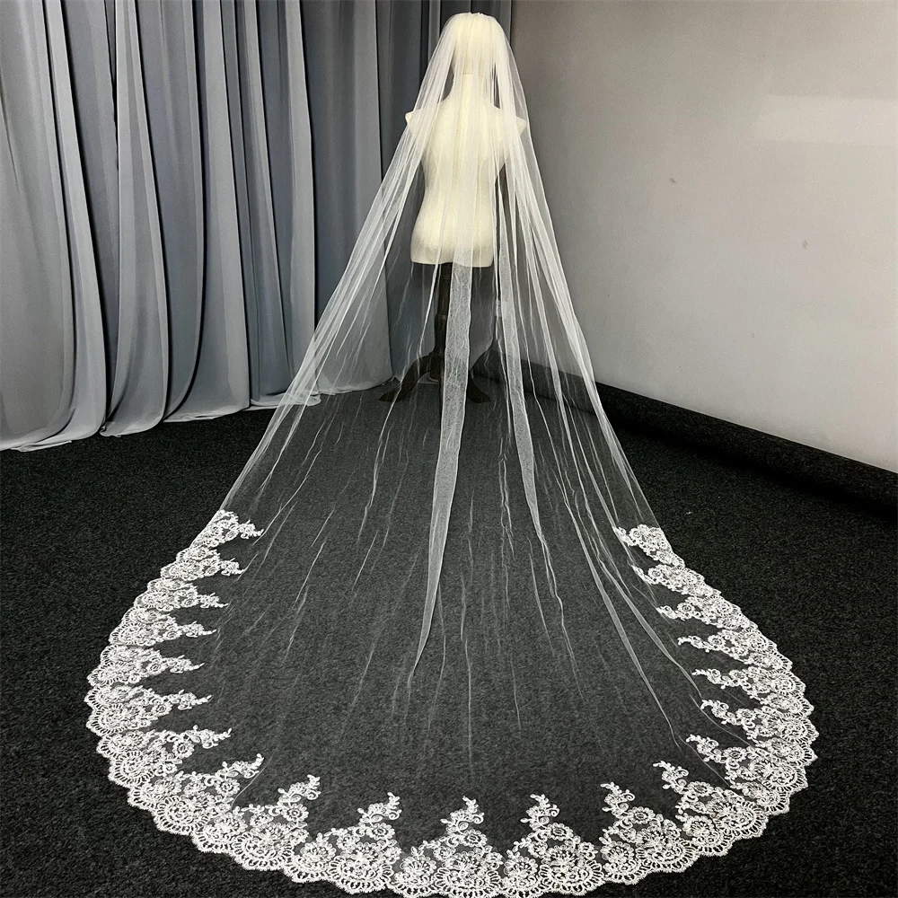 Velo de novia con apliques de borde de encaje elegante, encaje brillante, con peine, 1 nivel, largo, longitud de catedral, accesorio de novia para boda, gran oferta