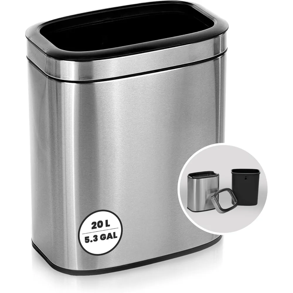 

Open Top Stainless Steel Trash Can 5 Gallon Kitchen Bathroom Office Slim Modern Design Removable Bin Brushed Nickel