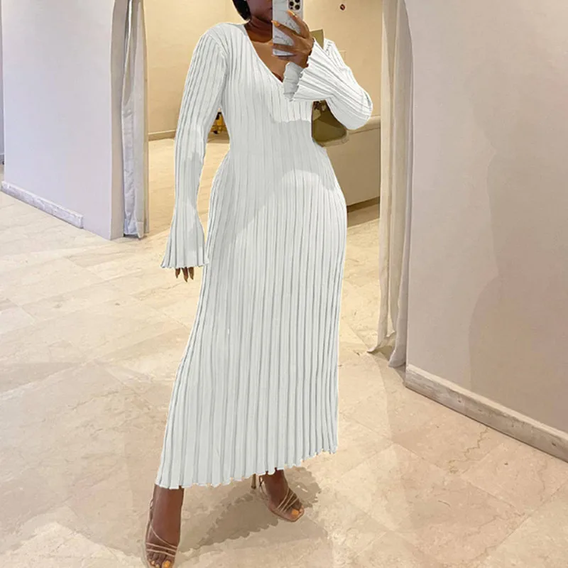 

Autumn Winter New Casual Waist Big Ribbed Slimming Knitted Long Dress Women