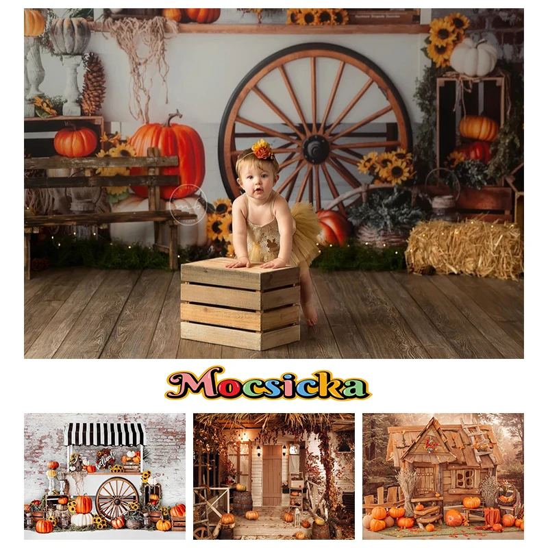 

Mocsicka Autumn Halloween Decoration Photography Background Vintage House Harvest Pumpkin Tree Lantern Wheel Photo Backdrop Prop