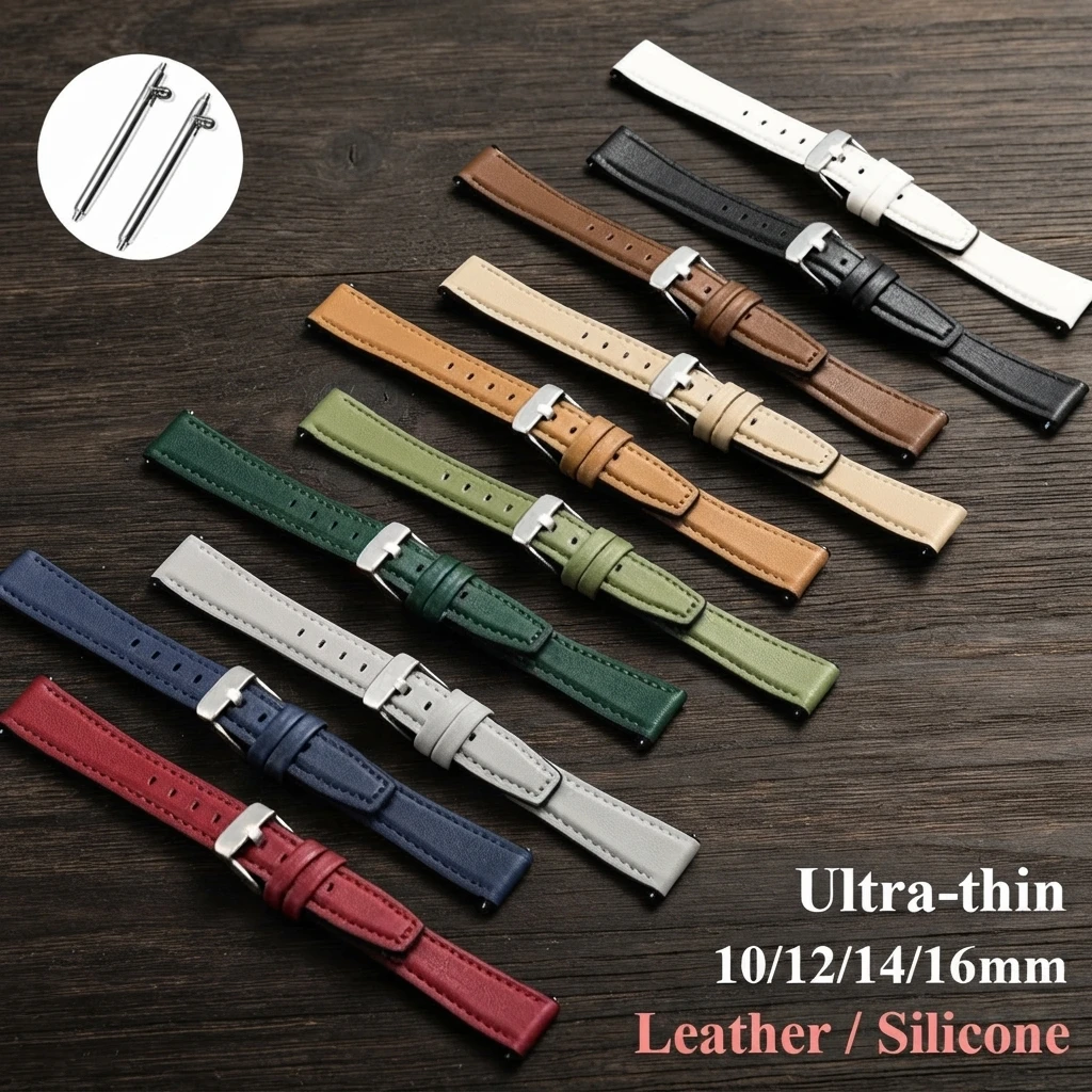 Ultradünnes Leder-Uhrenarmband, Silikon-Armband, weiches Armband, Schnellverschluss, universelles Armband, 10 mm, 12 mm, 14 mm, 16 mm.