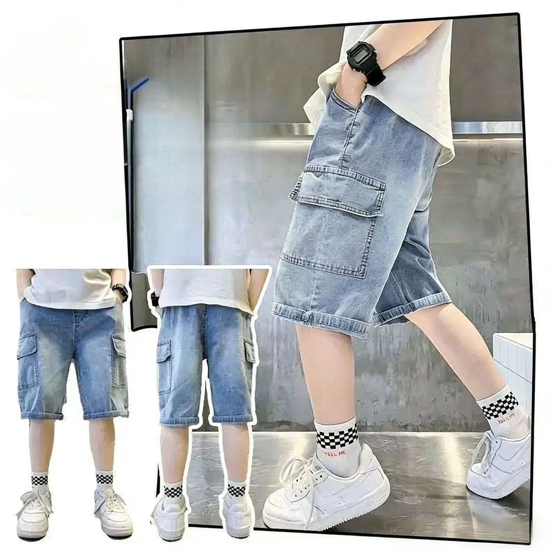 Fashion Denim Shorts For Boys Teenager Kids Elastic Waist Cargo Jean Short Pants With Pocket For Children's Age 5-14 Years Old