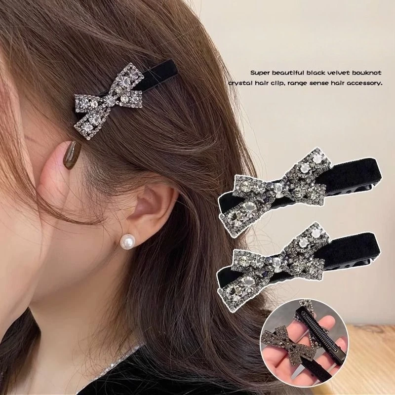

2Pcs Velvet Black Bow Zircon Hair Clips for Women Girl French Elegant Temperament Hair Claw Duckbill Clip Girls Hair Accessories