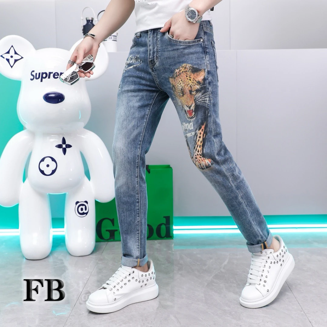 

Мужские джинсы Slim Fit с вышивкой в виде головы тигра, украшенные стразами, из тонкого хлопка и полиэстера, длинные летние брюки