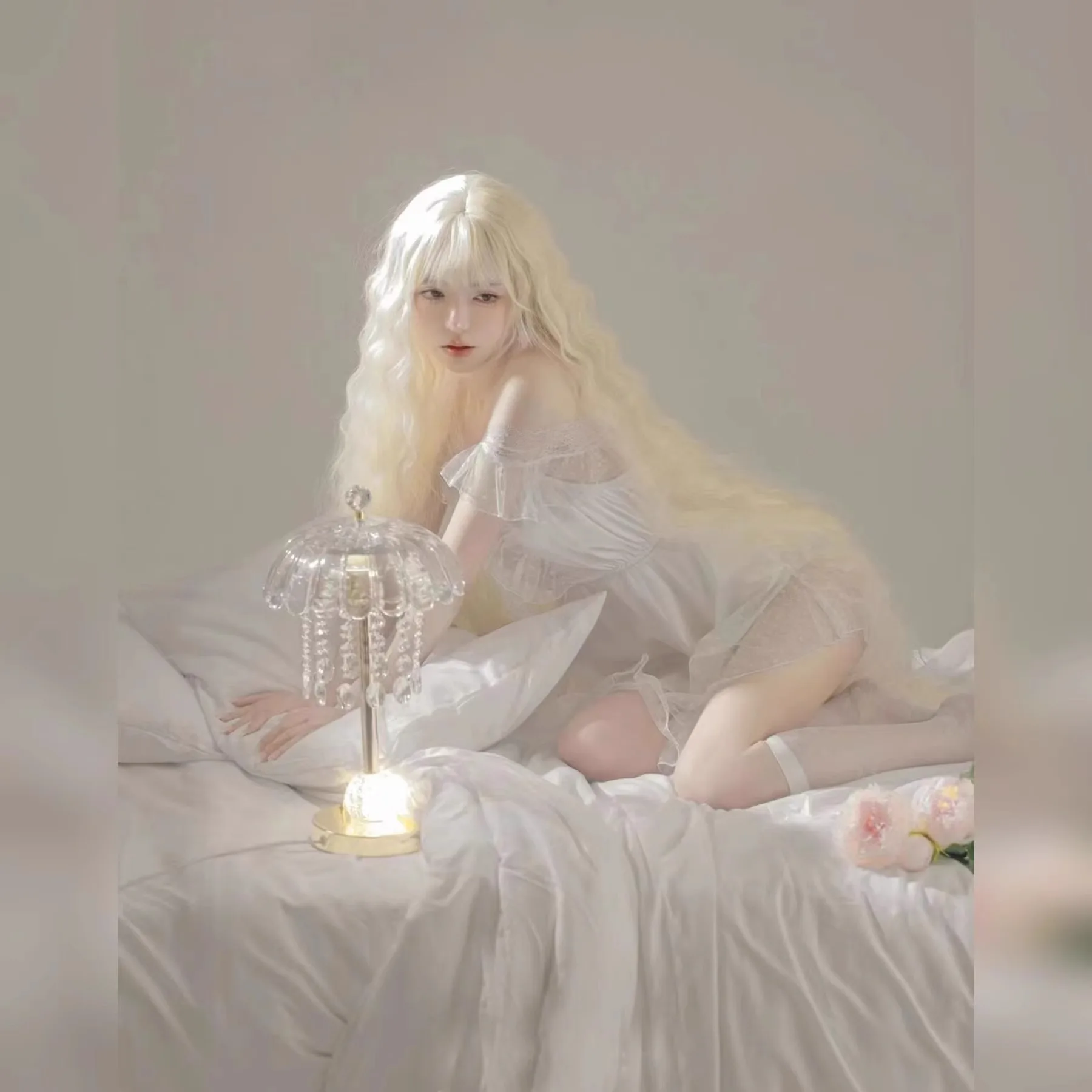 Long Wig Light Blonde Curly Wig Full Head Cosplay Wig Water Wave Lolita Hairpiece Lace Front 100cm Heat Resistant Synthetic