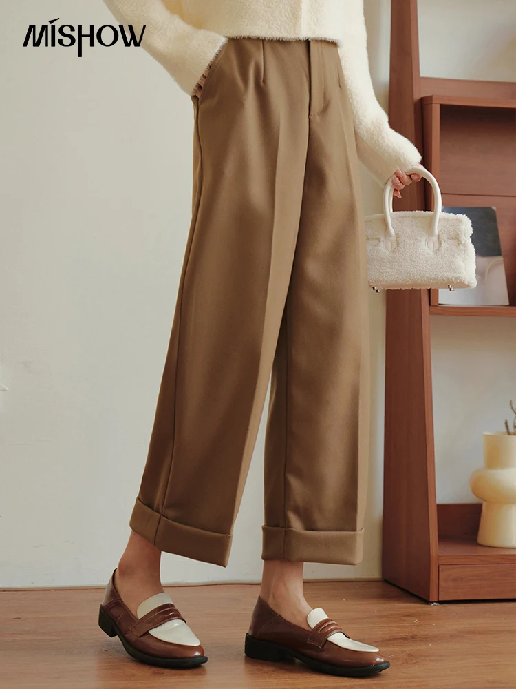 

MISHOW Corduroy Straight-leg Pants for Women 2023 Autumn Loose Pockets Half Elastic Waist Solid Casual Wide Leg Pants MXC51K0512